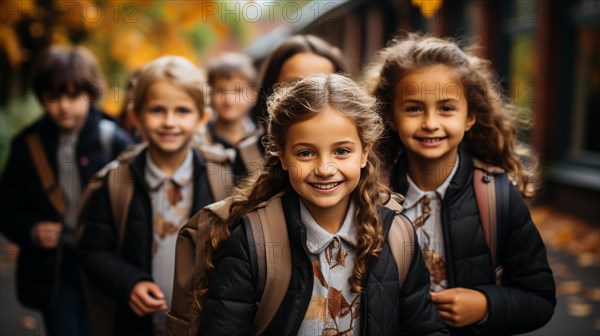 Happy and excited young children students walking on the campus of their school