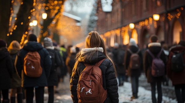 Back view behind children with backpacks walking to school on a fall morning