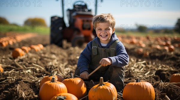 Happy young boy sitting amidst the pumpkins at the pumpkin patch farm on a fall day