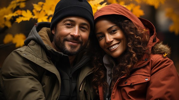 Happy warmly dressed young loving african american couple laugh as they enjoy the beautiful fall leaves in the park