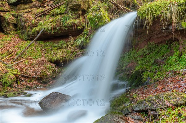 Beautiful fresh mountain waterfall in a wild and remote valley in winter. Vosges