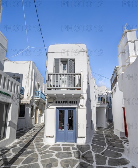 Cycladic white houses with colourful doors and shutters