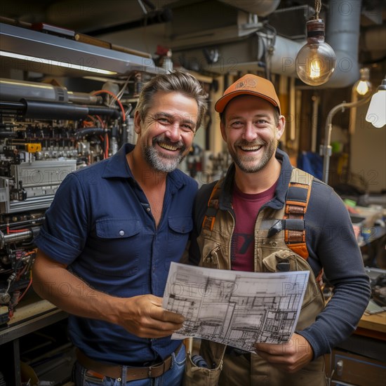 Cheerful homeowner and engineer rejoice in installing new heating system