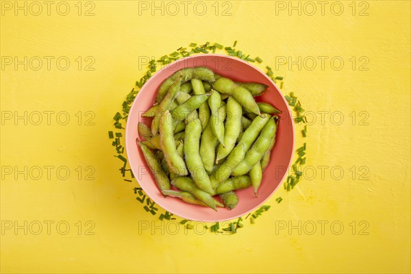 Flat lay edamame beans bowl with fresh cut chives