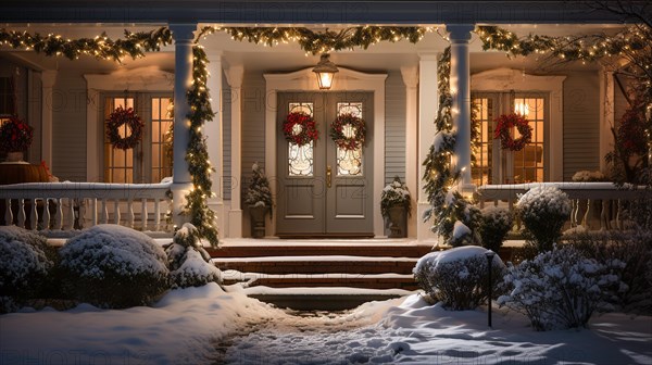 Beautiful christmas decorated front door and porch of a house on a winter evening. generative AI