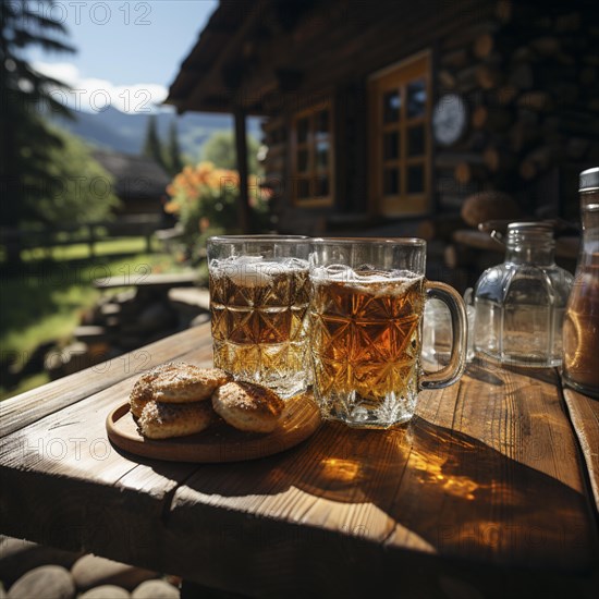 Beer and snacks in an alpine hut in the mountains