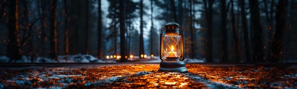 Warm and inviting lit vintage lantern resting on wood planks base outdoors in a winter setting. generative AI