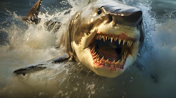 A large shark with open mouth jumps out of the water