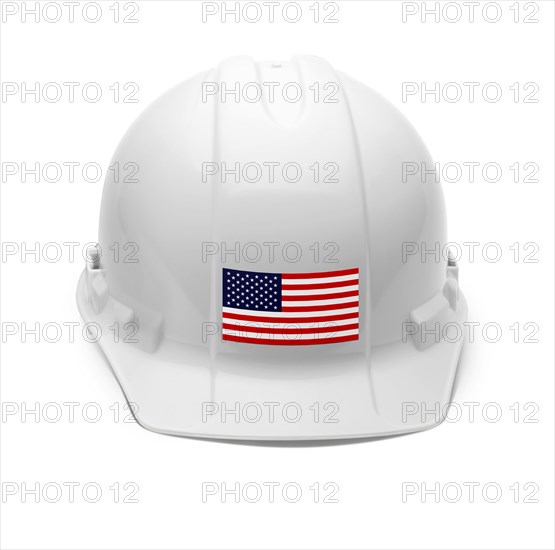 White hardhat with an american flag decal on the front isolated on white background