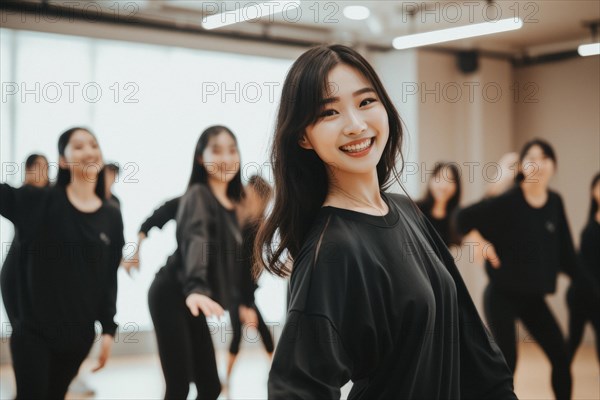 Close-up of a laughing Asian young woman taking dance lessons