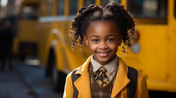 Adorable smiling african american school girl dressed warmly outside near the school bus