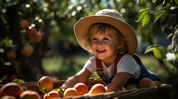 Cute happy young boy putting freshly picked peaches in the harvest basket