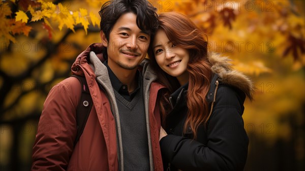 Happy warmly dressed young loving asian couple smile as they enjoy the beautiful fall leaves in the park