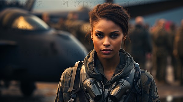 Female african american fighter pilot soldier stands outside her fighter jet