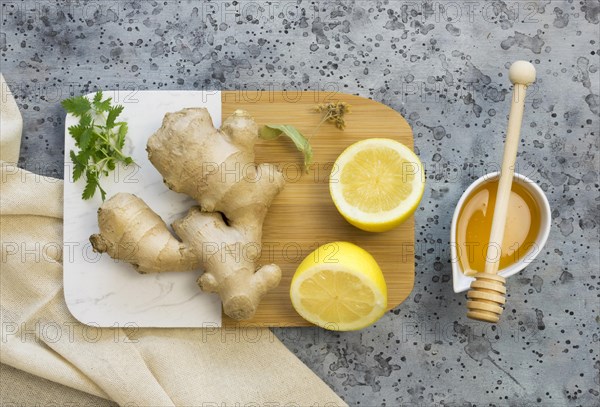 Flat lay medicinal spices herbs