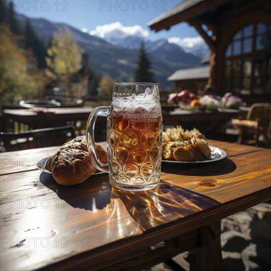 Beer and snacks in an alpine hut in the mountains