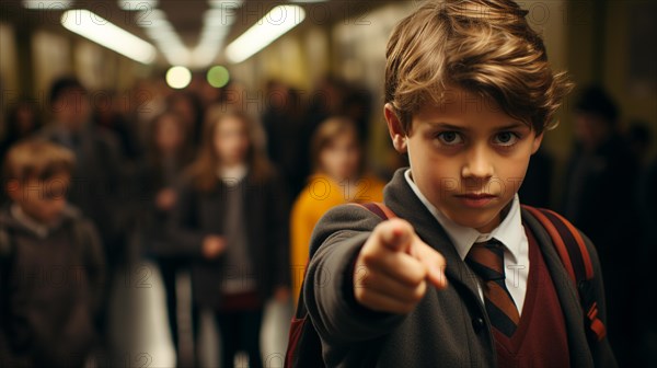 Sinister looking young male student pointing who could be the bully of the school