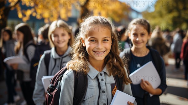 Happy and excited young children students walking on the campus of their school