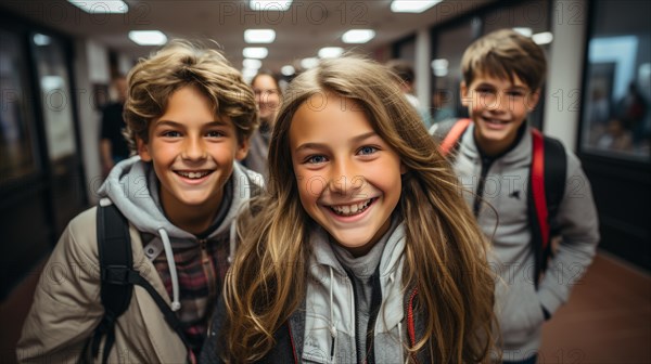 Happy and excited teenaged students walking down the hallway of their school