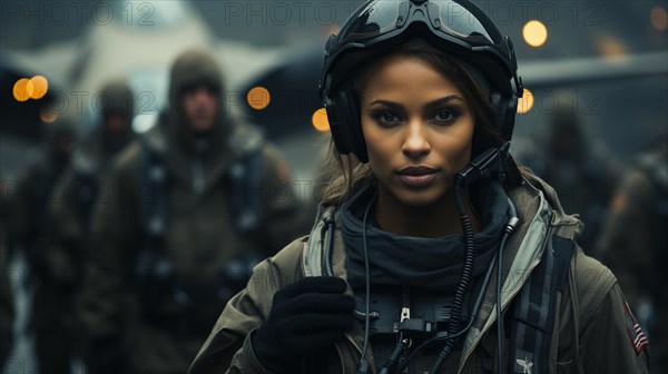 Female african american fighter pilot soldier stands outside her fighter jet