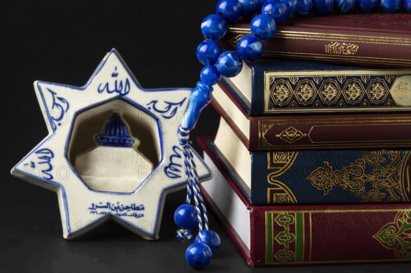 Close up islamic new year quran books