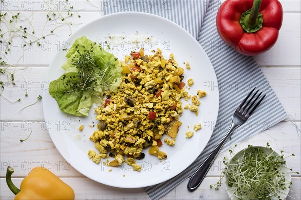 Scrambled eggs veggies salad with sweet peppers