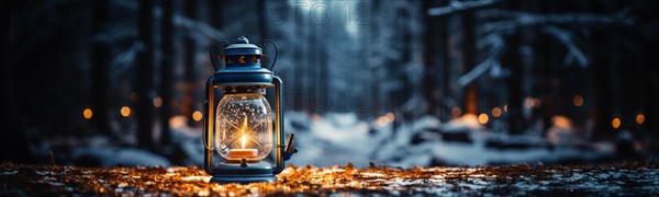 Warm and inviting lit vintage lantern resting on wood planks base outdoors in a winter setting. generative AI