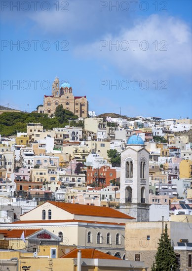 View of the town of Ermoupoli with the steeple of the Church of the Dormition