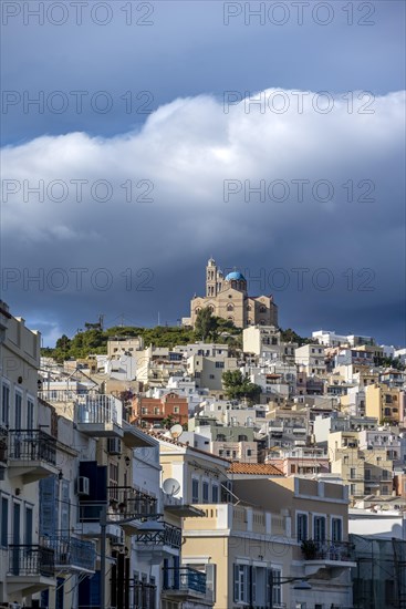 View of the town of Ermoupoli with pastel-coloured houses