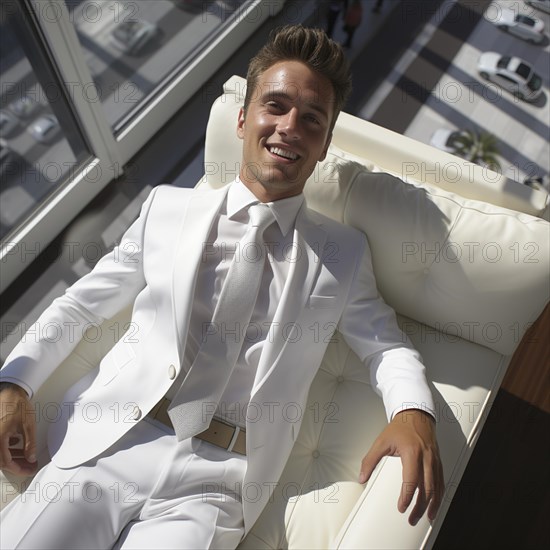 A businessman lies contentedly with his arms outstretched on a bed