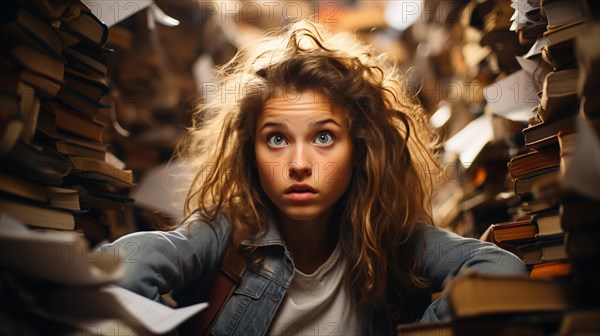 Young girl student sitting stunned and overwhelmed amidst a never ending pile of books and papers surrounding him