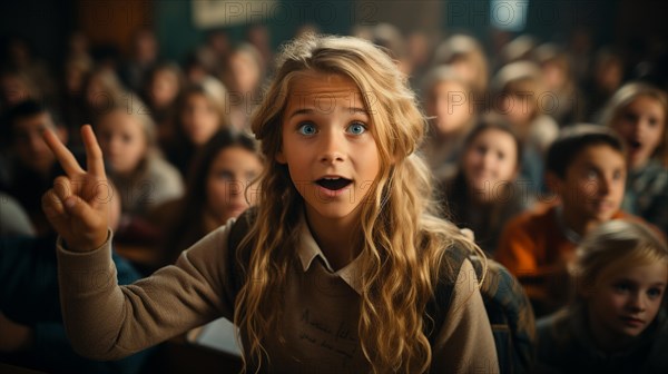 Young girl student raising her hand in the classroom setting