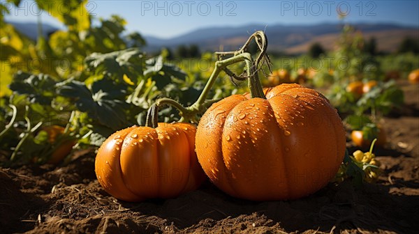 Ripe pumpkins on the pumpkin patch farm dirt