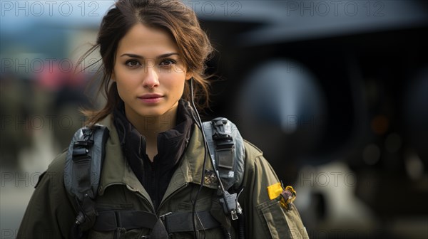 Mixed-race female fighter pilot soldier standing outside her military fighter jet