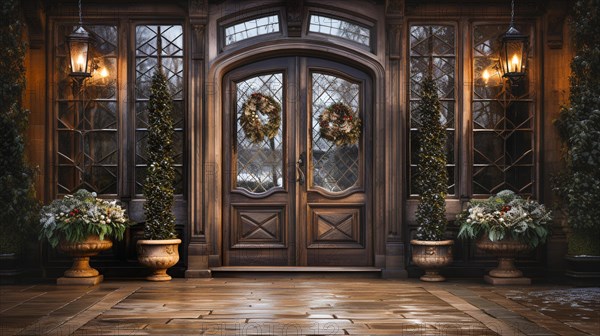 Beautiful christmas decorated front door and porch of a house on a winter evening. generative AI
