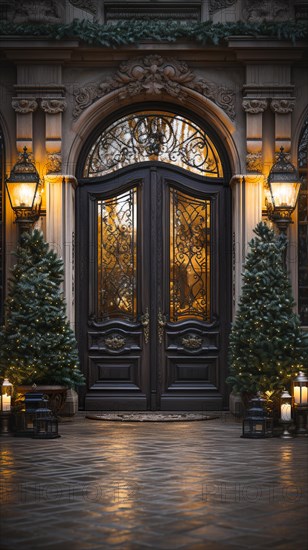 Beautiful christmas decorated front door and porch of a house on a winter evening. generative AI