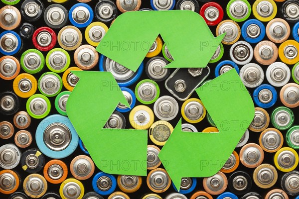 Battery pollution waste with recycle symbol