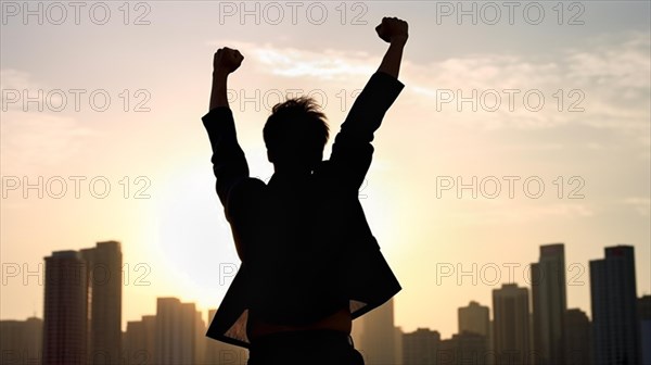 Excited businessman celebrates with his fists in the air with the city in the background