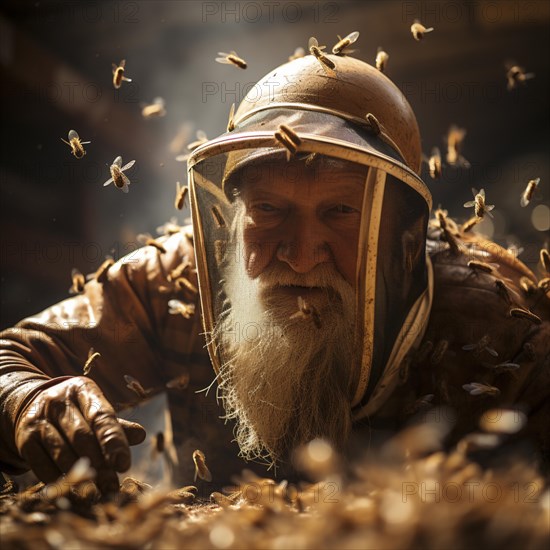 Beekeeper works with honey bees