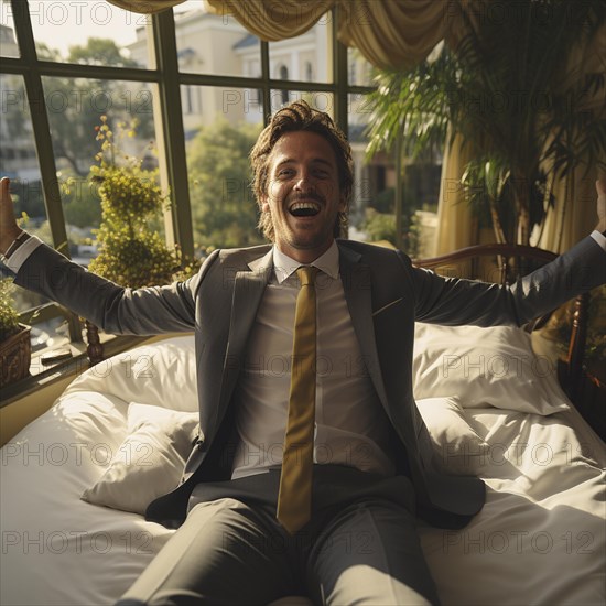 A businessman lies contentedly with his arms outstretched on a bed