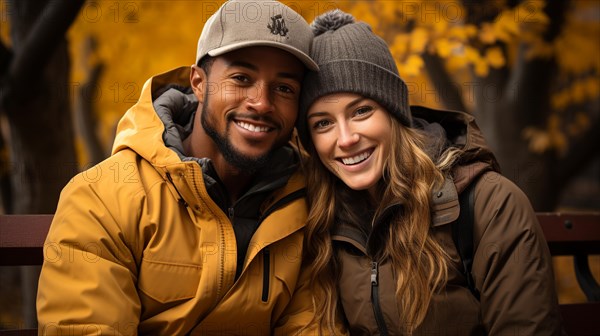 Happy warmly dressed young loving multi-ethnic couple enjoy the beautiful fall leaves in the park