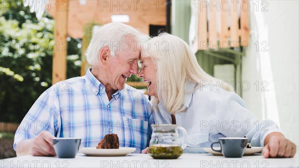 Elderly couple sitting head head drinking tea