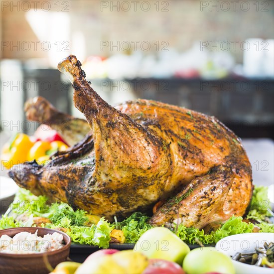 Roasted turkey with food table
