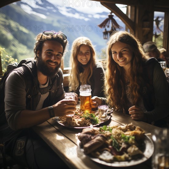 Beer and snacks in an alpine hut in the mountains