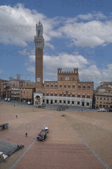 Piazza del Campo at dawn with the bell tower Torre del Mangia and the town hall Palazzo Pubblico