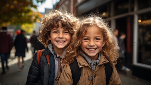 Happy and excited young children students walking on the campus of their school