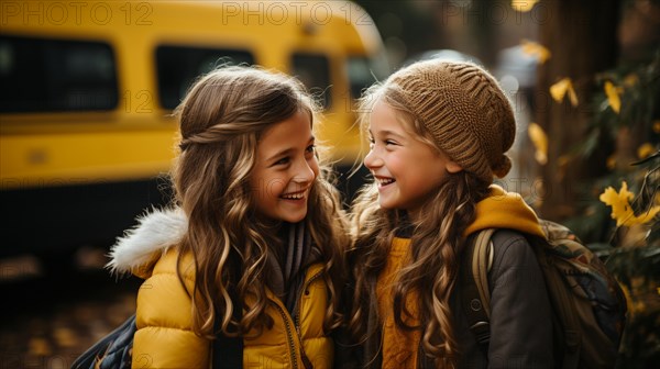 Two young student girlfriends wearing backpacks laughing near the school bus