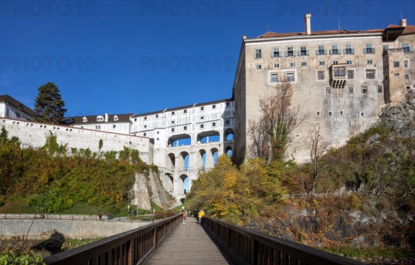 Pedestrian bridge over the Vltava with Mantle Bridge and Krumlov Castle