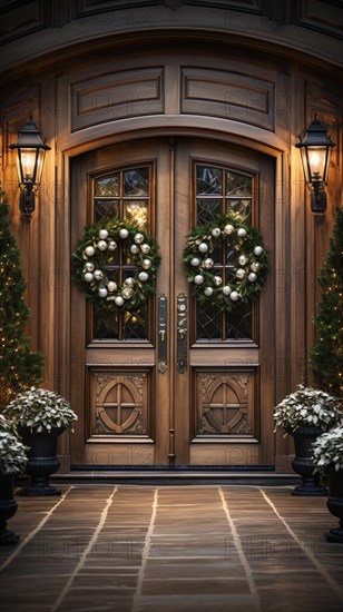 Beautiful christmas decorated front door and porch of a house on a winter evening. generative AI