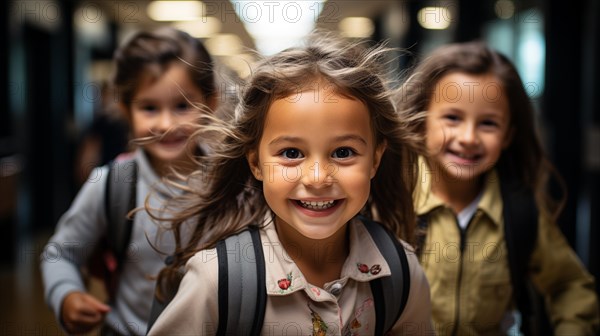 Excited young children laughing and running down the hallway of thier school